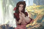  1girl absurdres aerith_gainsborough aqua_eyes areola_slip areolae bow bracelet braid breasts brown_hair covered_nipples cropped_jacket cutesexyrobutts dress final_fantasy final_fantasy_vii hair_bow highres huge_filesize jacket jewelry large_breasts light_smile lips long_braid long_hair looking_at_viewer nature no_bra open_clothes open_dress open_jacket outdoors paid_reward patreon_reward pink_bow red_jacket sagging_breasts sidelocks signature single_braid solo source_request tree unaligned_breasts undressing upper_body water waterfall 