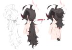  1girl absurdres ahoge alternate_hairstyle back black_hair black_horns black_tail blue_archive demon_horns demon_tail dong_ji hair_intakes halo highres horns kasumi_(blue_archive) key long_hair multiple_views ponytail red_halo simple_background tail white_background 