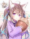  1girl :&lt; :3 ^_^ acorn acorn_hair_ornament ahoge animal_ear_fluff animal_ears brown_hair closed_eyes commentary_request fang fang_out fox_ears fox_girl fox_tail hair_ribbon long_hair long_sleeves original oversized_food pajamas purple_eyes ribbon rukako sleeves_past_wrists tail translation_request twintails 