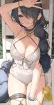  1girl bibi_(user_egtz4573) bikini black_hair blue_archive blush braid breasts casual_one-piece_swimsuit cleavage flower hair_over_one_eye halo hat highres hinata_(blue_archive) hinata_(swimsuit)_(blue_archive) large_breasts long_hair looking_at_viewer navel official_alternate_costume one-piece_swimsuit red_eyes solo swimsuit thighs very_long_hair white_one-piece_swimsuit 