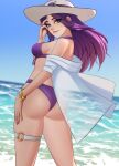  1girl bikini breasts caitlyn_(league_of_legends) day eyewear_on_headwear hat highres jewelry league_of_legends long_hair looking_at_viewer o-ring ocean open_clothes outdoors pool_party_(league_of_legends) pool_party_caitlyn purple_bikini purple_hair shinchiiart sideboob smile solo sun_hat sunglasses swimsuit water 