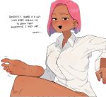  ... 1girl blunt_ends blush breasts buttons commentary dark-skinned_female dark_skin earrings english_text feet foot_focus gradient_hair highres jewelry jitome large_breasts long_sleeves looking_at_viewer medium_hair multicolored_hair ohasi open_mouth original pink_(ohasi) pink_hair shirt simple_background sitting soles solo sweat symbol-only_commentary white_background white_shirt wing_collar 