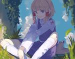  1girl bangs blonde_hair blue_sky blurry chishibuki_hiyoko cloud commentary_request dappled_sunlight feet_together grass hair_ribbon hat headwear_removed juliet_sleeves kneehighs knees_apart_feet_together long_sleeves medium_hair moriya_suwako outdoors own_hands_together parted_bangs puffy_sleeves purple_skirt purple_vest red_ribbon ribbon shirt sidelocks sitting skirt skirt_set sky smile solo sunlight touhou turtleneck vest white_legwear white_shirt yellow_eyes 