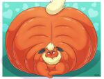  2024 absurd_res artist_name belly big_belly big_butt blonde_hair blush blush_lines butt ears_down eeveelution fattyjakalope flareon fur generation_1_pokemon hair heart_eyes heart_symbol hi_res huge_belly huge_butt hyper letterbox lying nintendo on_front overweight pivoted_ears pokemon pokemon_(species) shadow tail tongue tongue_out yellow_body yellow_fur yellow_tail 