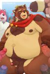  2024 96panda anthro balls belly big_belly blush canid canine crown erection genitals group headgear heart_symbol hi_res kemono male male/male mammal moobs nipples overweight overweight_male penis raccoon_dog solo_focus tanuki tongue tongue_out 
