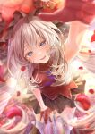  1girl absurdres black_skirt blue_eyes covered_navel drill_hair falling_petals fate/grand_order fate_(series) flower frilled_hat frills gloves grey_hair hat highres large_hat long_hair marie_antoinette_(fate) petals reaching reaching_towards_viewer red_flower red_gloves red_hat red_petals red_rose red_shirt rose shirt signature skirt sleeveless sleeveless_shirt solo thighhighs totomiya twin_drills white_thighhighs zettai_ryouiki 