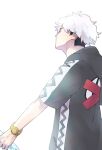  1boy black_hair closed_eyes commentary_request from_side guzma_(pokemon) hood hood_down hooded_jacket jacket male_focus multicolored_hair nyoripoke pokemon pokemon_sm short_hair short_sleeves solo tape twitter_username two-tone_hair watch white_background white_hair wristwatch 