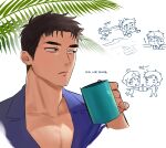  2boys absurdres ao_isami beach black_hair blonde_hair chibi chibi_inset couple cropped_shoulders cup day doodle_inset facial_hair gamti0 highres lewis_smith looking_to_the_side lulu_(bang_bravern) male_focus mug multiple_boys palm_tree pectoral_cleavage pectorals sideburns_stubble stubble thick_eyebrows toasting_(gesture) tree yaoi yuuki_bakuhatsu_bang_bravern 