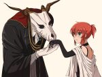 1boy 1girl absurdres animal_head animal_skull black_choker black_coat black_hands blush choker closed_mouth coat colored_extremities delfuze elias_ainsworth embarrassed green_eyes hatori_chise highres horns interspecies kiss kissing_hand mahou_tsukai_no_yome ponytail red_hair short_hair simple_background skull_head white_background 