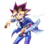  1boy black_choker black_hair black_shirt blonde_hair blue_jacket blue_pants bright_pupils card chain character_name choker collarbone cowboy_shot dated deck_of_cards duel_disk holding holding_card jacket jewelry male_focus medium_hair millennium_puzzle multicolored_hair muto_yugi pants pendant purple_eyes purple_hair shirt simple_background smile solo spiked_hair trading_card white_background yu-gi-oh! yu-gi-oh!_duel_monsters yy06370 