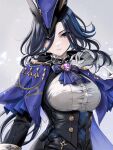  1girl ascot black_hair black_skirt blue_ascot blue_cape breasts cape celsior clorinde_(genshin_impact) corset earrings genshin_impact gloves grey_background hat jewelry long_hair looking_at_viewer medium_breasts purple_eyes shirt skirt solo tricorne upper_body very_long_hair white_gloves white_shirt 