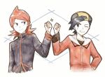  2boys asuka_rkgk clenched_hand closed_mouth ethan_(pokemon) fist_bump grin hand_up hat jacket long_hair looking_to_the_side male_focus multiple_boys one_eye_closed pokemon pokemon_hgss purple_eyes red_hair shirt silver_(pokemon) smile teeth white_background 