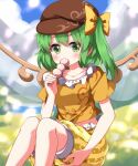  1girl alternate_costume blush bow brown_hat cabbie_hat commentary_request cosplay daiyousei dango eating fairy fairy_wings food green_eyes green_hair hair_bow hat highres holding holding_skewer long_hair orange_shirt ringo_(touhou) ringo_(touhou)_(cosplay) ruu_(tksymkw) shirt short_sleeves shorts skewer solo striped_clothes striped_shorts touhou wagashi wings yellow_bow yellow_shorts 