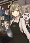  2girls 3boys absurdres apron bag black_cat black_hair blonde_hair braid brown_hair cat despair handbag heart highres itame_moyashi looking_at_viewer multiple_boys multiple_girls open_mouth original otoko_no_ko pants skirt smile stool tears thought_bubble tray window 