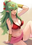  1girl arm_guards arm_support bikini breasts cleavage fire_emblem fire_emblem_awakening fire_emblem_heroes green_eyes green_hair groin groin_tendon hair_between_eyes high_ponytail highres labebebe_lee large_breasts looking_at_viewer navel official_alternate_costume pointy_ears red_bikini sarong sidelocks smile solo swimsuit thighs tiki_(adult)_(fire_emblem) tiki_(adult)_(summer)_(fire_emblem) tiki_(fire_emblem) wet 