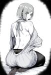  1girl absurdres anger_vein ass backless_outfit english_commentary from_behind frown greyscale highres jujutsu_kaisen kugisaki_nobara looking_at_viewer looking_back masoq median_furrow meme_attire monochrome pantyhose seiza short_hair shoulder_blades simple_background sitting solo sweat virgin_killer_sweater 