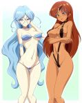  2girls absurdres arm_under_breasts armband ass_visible_through_thighs bangs bikini bishoujo_senshi_sailor_moon black_choker black_swimsuit blue_background blue_bikini blue_choker blue_hair blush border breasts brown_eyes cameltoe choker clam_curry closed_mouth collarbone covered_nipples crossed_arms dark-skinned_female dark_skin earrings embarrassed facial_mark feathers forehead_mark frilled_bikini frilled_choker frills gradient gradient_background halterneck hand_on_own_cheek hand_on_own_face head_fins highres jewelry large_breasts light_purple_eyes long_hair medium_breasts micro_bikini multiple_girls navel outside_border pale_skin parted_bangs parted_lips polka_dot polka_dot_bikini polka_dot_choker red_hair sailor_aluminum_seiren sailor_lead_crow slingshot slingshot_swimsuit smile star_(symbol) stomach strapless strapless_bikini string_bikini swimsuit thigh_gap very_long_hair wavy_hair white_border 