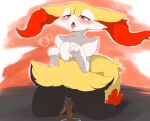  1girl animal_ear_fluff animal_ears animal_feet animal_hands animal_nose bar_censor black_fur blush body_fur braixen breath censored chipar commentary_request cum cum_in_mouth cum_on_tongue drooling ears_down facial fox_ears fox_girl fox_tail full_body furry furry_female half-closed_eyes hands_up highres kneeling looking_up mouth_drool multicolored_fur neck_fur object_insertion open_mouth outline paw_pose pokemon pokemon_(creature) pussy pussy_juice red_background red_eyes saliva snout solo stick tail tears thick_thighs thighs tongue tongue_out vaginal vaginal_object_insertion white_fur white_outline wide_hips yellow_fur 
