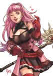  1girl axe belt breasts cleavage earrings felia_hanakata fire_emblem fire_emblem:_three_houses gloves heart hilda_valentine_goneril holding holding_axe jewelry long_hair one_eye_closed open_mouth pink_eyes pink_hair ponytail red_gloves signature simple_background solo white_background 