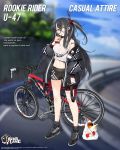  1girl azur_lane bag bicycle bike_shorts black_hair blurry blurry_background breasts character_name choker cleavage copyright_name drinking drinking_straw english_commentary english_text eyebrows_visible_through_hair full_body glasses ground_vehicle highlights highres iron_cross juice_box large_breasts long_hair looking_at_viewer midriff multicolored_hair navel official_art ootsuki_momiji red_eyes road semi-rimless_eyewear shopping_bag solo u-47_(azur_lane) u-47_(beginner_rider)_(azur_lane) white_hair 