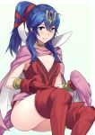  1girl alternate_hairstyle ameno_(a_meno0) armlet blue_eyes blue_hair breasts cape choker closed_mouth cosplay fire_emblem fire_emblem_awakening gloves hair_ribbon long_hair lucina_(fire_emblem) ponytail red_gloves red_legwear ribbon simple_background sitting small_breasts solo tiara tiki_(fire_emblem) tiki_(fire_emblem)_(cosplay) 