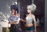  2girls a-m-one animal_ears arknights bag bangle bare_shoulders black_choker black_nails blue_hair blue_ribbon blue_shirt bracelet breasts cameo cellphone character_doll character_request charm_(object) chinese_commentary choker closed_mouth collarbone commentary_request cowboy_shot crossed_arms cutoffs dappled_sunlight denim denim_shorts ear_piercing fingernails grey_eyes hair_ornament hair_ribbon hairclip highres holding holding_cellphone holding_phone jewelry lappland_(arknights) lips lipstick long_hair makeup medium_breasts midriff multiple_girls navel off-shoulder_shirt off_shoulder outdoors pendant phone piercing ponytail ribbon rolling_suitcase scar shadow shirt short_shorts short_sleeves shorts shoulder_bag sidelocks smartphone sunlight tail texas_(arknights) white_hair white_shirt yellow_eyes 