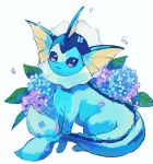  absurdres animal_focus artist_name blue_flower blue_skin closed_mouth colored_skin commentary_request fins flower forked_tail head_fins highres leaf looking_at_viewer no_humans pokemon pokemon_(creature) purple_eyes purple_flower signature sitting su_(sajo_su5) tail vaporeon water_drop white_background 