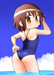  1girl absurdres adjusting_clothes adjusting_swimsuit ass blush breasts brown_eyes brown_hair chiden cloud eyebrows_visible_through_hair highres kill_me_baby looking_at_viewer looking_back ocean open_mouth oribe_yasuna outdoors school_swimsuit shiny shiny_hair shiny_skin short_hair shoulder_blades sky small_breasts solo standing sweat swimsuit swimwear wet wet_hair 