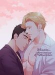  2boys abs ao_isami black_hair blonde_hair collared_shirt couple facial_hair large_pectorals leaning_on_person lewis_smith light_blush male_focus multiple_boys parted_lips pectoral_cleavage pectorals riukki shirt sideburns_stubble smile stubble thick_eyebrows upper_body yaoi yuuki_bakuhatsu_bang_bravern 