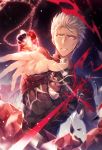  1boy archer armor blood blood_on_face collar dark_background dark_skin dark_skinned_male facing_viewer fate/stay_night fate_(series) grey_hair h_sueun highres injury jacket jewelry long_sleeves male_focus open_mouth pendant ruby_(gemstone) solo teeth unlimited_blade_works upper_body white_hair 