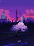  building city cloud commentary crescent_moon english_commentary highres jubilee_(8pxl) moon night no_humans original outdoors pixel_art power_lines purple_clouds purple_sky road scenery sky skyline tree utility_pole 