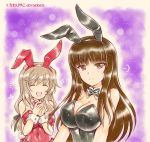  2girls :d =3 animal_ears artist_name bangs black_leotard black_neckwear black_ribbon blunt_bangs blurry bokeh bow bowtie breasts brown_eyes brown_hair bunny_ears bunny_tail bunnysuit burafu cleavage closed_eyes closed_mouth collar commentary covered_navel dated depth_of_field detached_collar eyebrows_visible_through_hair fake_animal_ears fake_tail girls_und_panzer hair_ribbon hands_together large_breasts leotard light_frown light_particles long_hair looking_at_viewer low-tied_long_hair mature multiple_girls nishizumi_shiho open_mouth purple_background red_leotard red_neckwear ribbon shimada_chiyo side-tie_leotard smile sparkle straight_hair strapless strapless_leotard tail white_collar wing_collar 