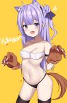  1girl :d absurdres ahoge alternate_costume animal_ears azur_lane bare_shoulders black_legwear breasts cleavage collarbone commentary_request fake_animal_ears fang gloves hair_bun hair_ribbon halloween highres long_hair looking_at_viewer navel okappa_(bobbed001) one_side_up open_mouth paw_gloves paws purple_eyes purple_hair ribbon side_bun simple_background smile solo tail thighhighs unicorn_(azur_lane) wolf_ears wolf_tail yellow_background 