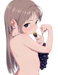  1girl blue_eyes blush bouen brown_hair commentary_request eating food fruit grapes highres long_hair looking_at_viewer nude original simple_background solo upper_body white_background 