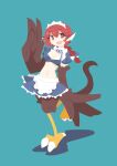  1girl animal_ears apron big_o_pants bird_ears bird_legs bird_tail black_feathers black_wings blue_bow blue_skirt blush_stickers bow breasts cleavage commentary_request crop_top feather_fingers feathers fio-chan_(big_o_pants) hair_between_eyes harpy highres long_hair looking_at_viewer maid_apron medium_breasts monster_girl open_mouth original ponytail red_eyes red_hair skirt solo standing standing_on_one_leg tail talons waist_apron winged_arms wings 