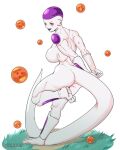  2024 big_breasts breasts crossgender curling_toes dragon_ball dragon_ball_(object) feet female frieza frieza_race hi_res humanoid mtf_crossgender multicolored_body nude_female nude_humanoid on_one_leg purple_body red_eyes side_boob simple_background solo standing tail thevarking two_tone_body white_background white_body 