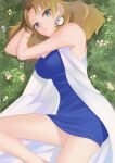 1girl absurdres aged_up blue_dress blue_eyes breasts brown_hair coat commission dress earrings highres jewelry large_breasts looking_at_viewer lying molly_hale on_ground pixiv_commission pokemon pokemon_(anime) pokemon_(classic_anime) pokemon_3:_the_movie_-_spell_of_the_unown:_entei short_dress sleeveless sleeveless_coat sleeveless_dress solo vuipui white_coat 
