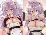  azur_lane black_gloves breasts cleavage crown_hair_ornament fingerless_gloves gloves grenville_(azur_lane) highres implied_sex large_breasts long_hair looking_at_viewer purple_hair red_eyes side_ponytail tonchinkan 