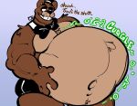  2023 anthro bear belly big_belly bottomwear bow_tie clothing english_text five_nights_at_freddy&#039;s freddy_(fnaf) fur hand_on_belly hat headgear headwear hi_res huge_belly itzamug male mammal rumbling_stomach scottgames shorts solo text 
