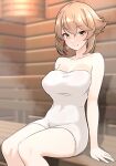  1girl blush breasts brown_hair cleavage closed_mouth collarbone commentary_request furaggu_(frag_0416) green_eyes highres kantai_collection large_breasts mutsu_(kancolle) naked_towel sauna short_hair sitting smile steam towel 