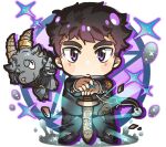  2boys animal_ear_fluff animal_ears black_hair black_jacket black_outline black_pants blush_stickers chibi chibi_only drop_shadow furry furry_male gakuran glint glowing goat_boy goat_ears goat_horns grey_fur hand_tattoo highres holding holding_sword holding_weapon horn_ornament horn_ring horns index_finger_raised jacket loafers looking_at_another looking_at_viewer male_focus multiple_boys nizitaro outline pants pentagram_tattoo protagonist_5_(housamo) purple_eyes salomon_(housamo) school_uniform shoes short_hair sword tattoo thick_eyebrows tokyo_afterschool_summoners weapon 