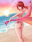  1girl ass beach bikini blanket breasts brown_eyes brown_hair digimon falcon_(burbdoodles) from_behind gold_bikini highres holding holding_blanket looking_at_viewer micro_bikini ocean one_eye_closed ponytail short_ponytail small_breasts smile solo standing sunset swimsuit yagami_hikari 