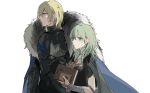  1boy 1girl absurdres bangs blonde_hair blue_cape blue_eyes book breastplate breasts byleth_(fire_emblem) byleth_(fire_emblem)_(female) cape capelet closed_mouth dimitri_alexandre_blaiddyd eyebrows_behind_hair fire_emblem fire_emblem:_three_houses fur-trimmed_capelet fur_trim green_eyes green_hair hair_between_eyes highres holding holding_book long_hair looking_away profile short_sleeves small_breasts upper_body vambraces zhibuji_loom 
