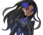  1girl black_hair black_jacket blue_eyes blue_shirt buttons closed_mouth dark-skinned_female dark_skin eyelashes geeta_(pokemon) jacket long_hair looking_to_the_side lvetica multicolored_hair neck_ribbon pokemon pokemon_sv ribbon shirt solo streaked_hair upper_body white_background yellow_ribbon 