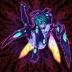  1girl antennae arms_behind_head arthropod_girl arthropod_limbs body_markings claws colored_skin compound_eyes extra_arms full_body green_eyes green_hair highres insect_wings looking_at_viewer madara_inosuke nude purple_skin short_hair solo touhou wings wriggle_nightbug 