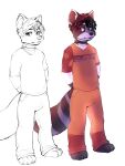  3:4 absurd_res anthro bastionshadowpaw biped bottomwear clothed clothing english_text hair hi_res male mammal orange_bottomwear orange_clothing orange_pants orange_shirt orange_topwear pants procyonid purple_eyes raccoon shirt simple_background solo tail text topwear white_background 