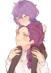  2girls bernadetta_von_varley black_legwear blush carrying fire_emblem fire_emblem:_three_houses garreg_mach_monastery_uniform grey_eyes kvlen long_hair long_sleeves multiple_girls open_mouth petra_macneary ponytail purple_hair short_hair shoulder_carry simple_background uniform white_background 