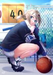  1girl absurdres alternate_hairstyle ball basketball_(object) fence highres jacket legs love_live! love_live!_sunshine!! ponytail shoes sky solo squatting sweater thighs watanabe_you yuuyu_(sun_yuu) 