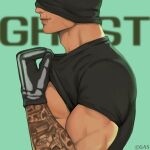  1boy arm_tattoo bara black_gloves black_shirt call_of_duty call_of_duty:_modern_warfare_2 character_name closed_mouth clothes_lift gasoline0816_(gas) ghost_(modern_warfare_2) gloves highres large_pectorals male_focus mask mask_lift muscular muscular_male pectorals scar scar_on_face scar_on_mouth shirt shirt_lift smile solo tattoo twitter_username 