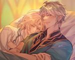  2boys ahoge alhaitham_(genshin_impact) artist_name bbiqia bed bedroom blanket blonde_hair blue_shirt blurry blurry_background closed_eyes closed_mouth collared_shirt crystal earrings english_commentary genshin_impact gold_earrings grey_hair hair_between_eyes highres indoors jewelry kaveh_(genshin_impact) lips lying male_focus mandarin_collar multiple_boys on_back on_bed on_side pillow shirt short_hair short_sleeves sleeping v-shaped_eyebrows white_shirt window wing_collar yaoi 
